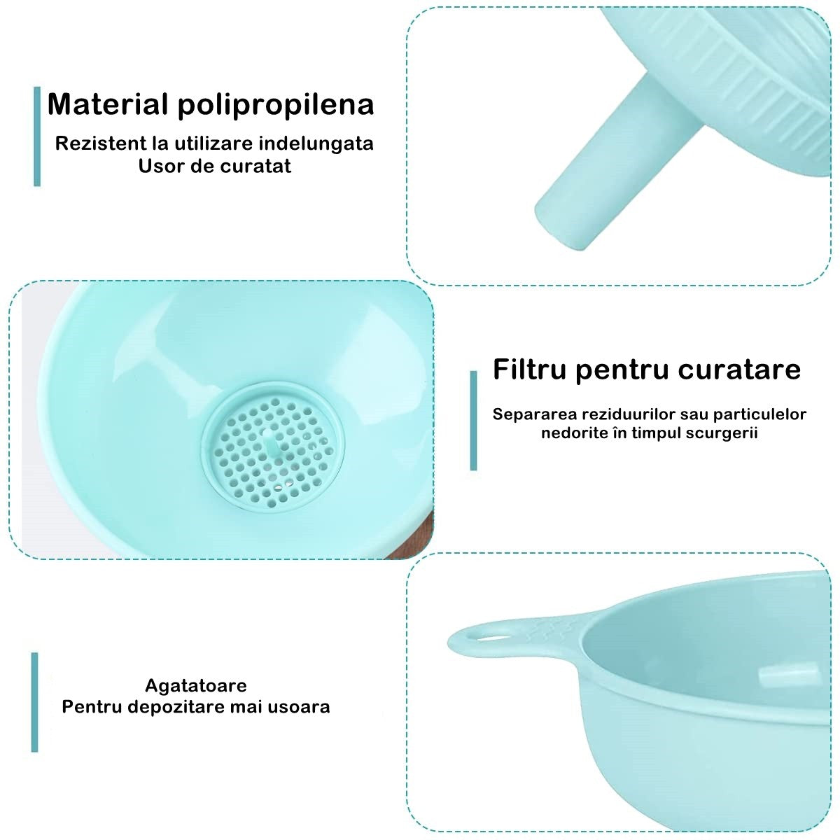 Palnie din plastic 3 in 1 Klevo, doua dimensiuni de scurgere, cu filet si filtru, diametru scurgere 5.4 cm, 11.5 x 16.7 cm, albastru