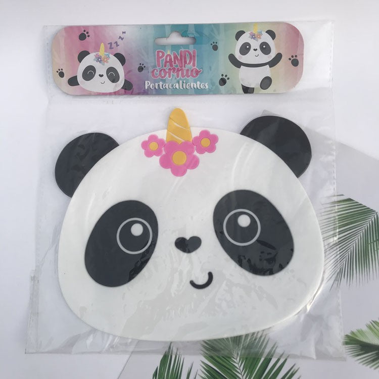 Suport pentru Pahar, Klevo, Model Urs Panda, din PVC, 18.5x16 cm, Rezistent la Caldura, Alb/Negru
