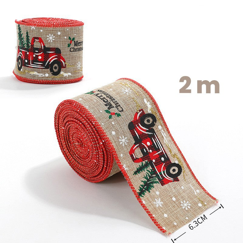 Panglica de Craciun pentru Decor Brad, Klevo, Panglica Decorativa de Craciun pentru Funde, Imprimeu Pick-Up Merry Christmas, 200 x 6.3 m, Khaki Rosu
