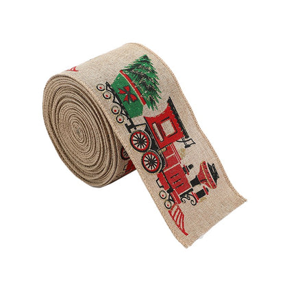 Panglica de Craciun pentru Decor Brad, Klevo, Panglica Decorativa de Craciun pentru Funde, Imprimeu Trenulet, 200 x 6.3 m, Khaki
