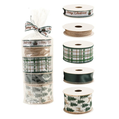 Panglica Decorativa cu Tematica de Craciun, Klevo, Set din 4 bucat + 1 Rulon Ata Maro, Panglica pentru Cadou de Craciun Brad si Decor, 2 M per bucata, Model Brad, Alb Verde