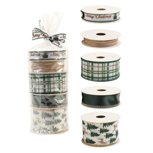Panglica Decorativa cu Tematica de Craciun, Klevo, Set din 4 bucat + 1 Rulon Ata Maro, Panglica pentru Cadou de Craciun Brad si Decor, 2 M per bucata, Model Brad, Alb Verde