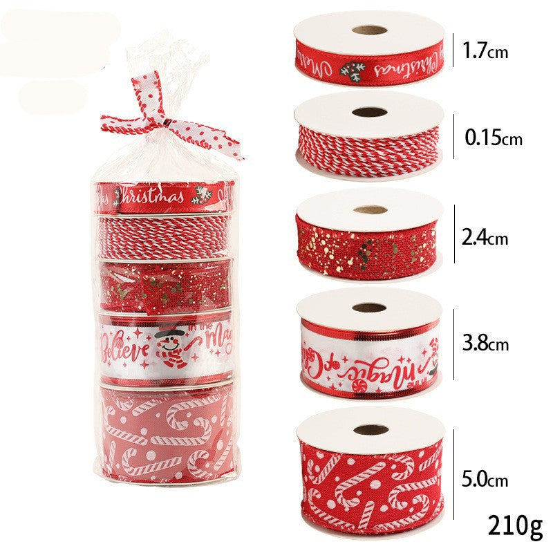 Panglica Decorativa cu Tematica de Craciun, Klevo, Set din 4 bucat + 1 Rulon Ata Rosie Alba, Panglica pentru Cadou de Craciun Brad si Decor, 2 M per bucata, Model Acadele, Rosu