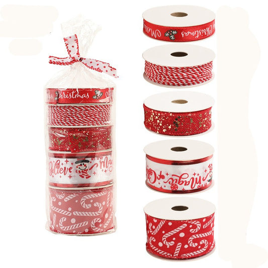 Panglica Decorativa cu Tematica de Craciun, Klevo, Set din 4 bucat + 1 Rulon Ata Rosie Alba, Panglica pentru Cadou de Craciun Brad si Decor, 2 M per bucata, Model Acadele, Rosu