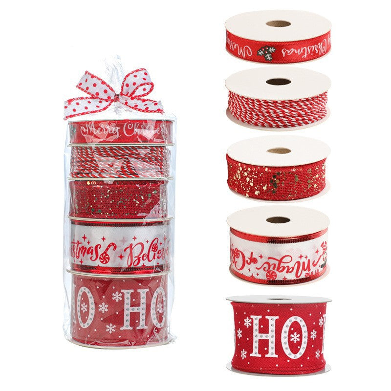 Panglica Decorativa cu Tematica de Craciun, Klevo, Set din 4 bucat + 1 Rulon Ata Rosie Alba, Panglica pentru Cadou de Craciun Brad si Decor, 2 M per bucata, Model HO HO HO, Rosu