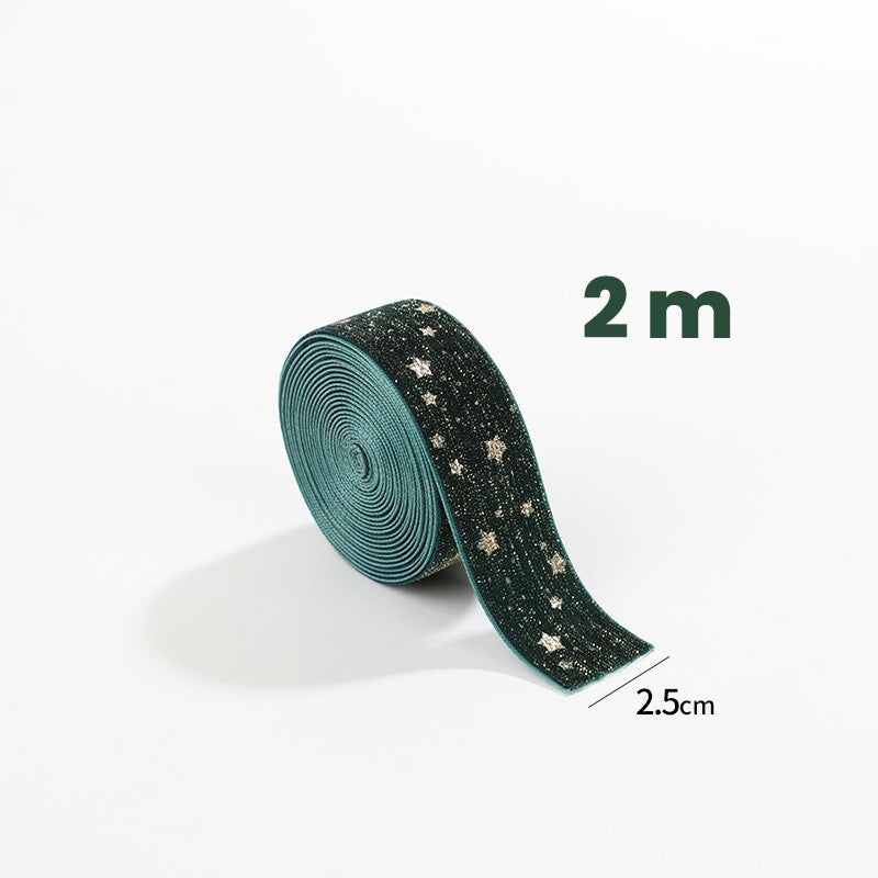 Panglica Decorativa de Craciun, Klevo, Panglica din Panza cu aspec de Catifea, Funda Ornament, Model cu Stele Aurii, Decor pentru Brad de Craciun, 200 x 2.5 cm, Verde
