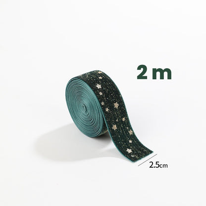 Panglica Decorativa de Craciun, Klevo, Panglica din Panza cu aspec de Catifea, Funda Ornament, Model cu Stele Aurii, Decor pentru Brad de Craciun, 200 x 2.5 cm, Verde