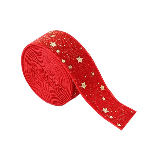 Panglica Decorativa de Craciun, Klevo, Panglica din Panza cu aspec de Catifea, Funda Ornament, Model cu Stele Aurii, Decor pentru Brad de Craciun, 200 x 2.5 cm, Rosu