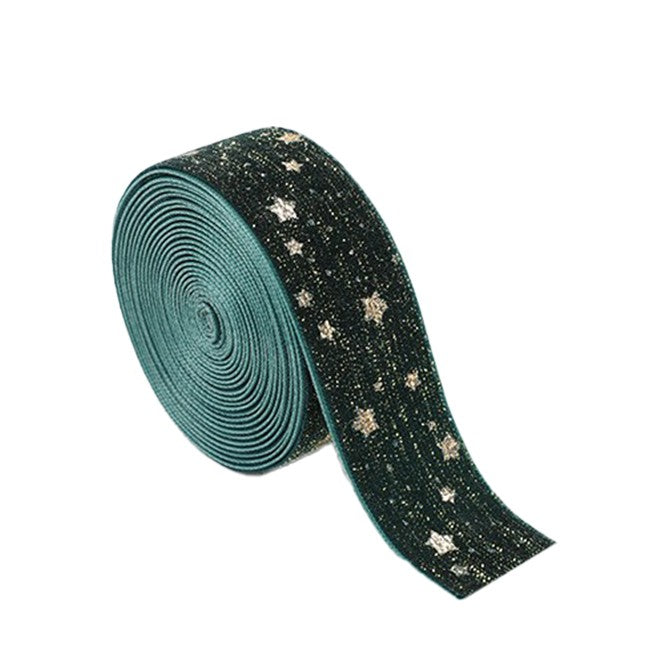 Panglica Decorativa de Craciun, Klevo, Panglica din Panza cu aspec de Catifea, Funda Ornament, Model cu Stele Aurii, Decor pentru Brad de Craciun, 200 x 2.5 cm, Verde