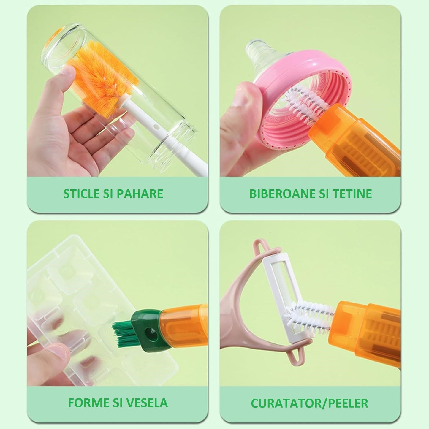 Perie 5 in 1 de Curatat Pahare, Cani, Sticle, Klevo, cu Maner Lung, Accesorii pentru Spalarea Paielor si Capacelor, Usor de Agatat, 36x7x7cm, Portocaliu-Alb