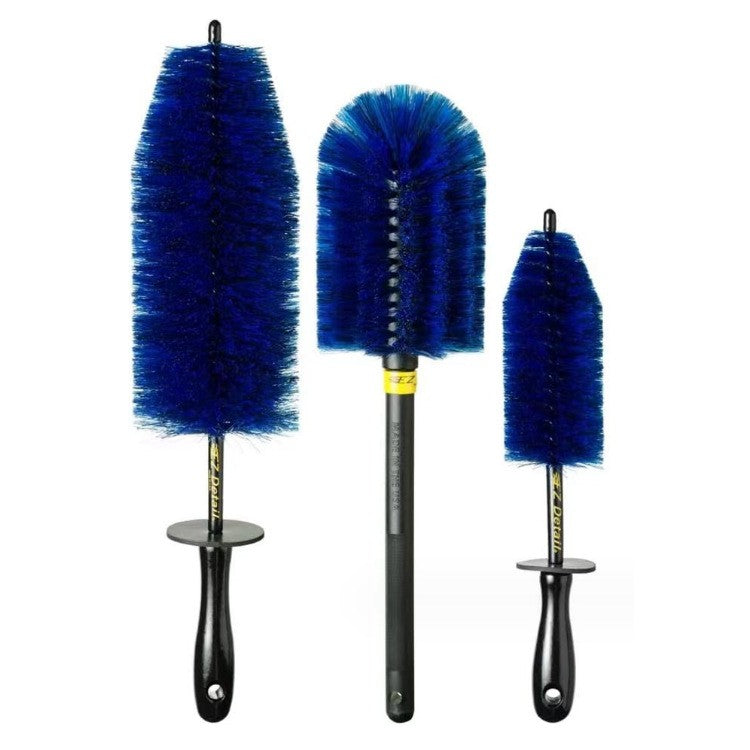 Set 3 Piese pentru Cosmetica Auto, Klevo, din Plastic si Otel, Maner Ergonomic, Perie Butuc, Anvelope, Detalii, Albastru