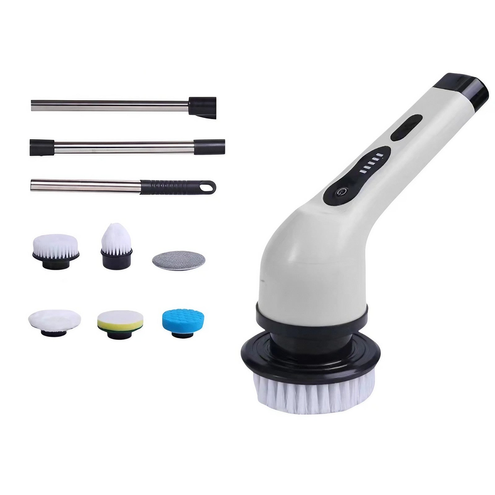 Perie Electrica de Curatare, Klevo, pentru Gresie, Baie, Bucatarie, 25x20x9.5 cm, cu 6 Capete, Maner Extensibil Detasabil 84-127cm, Incarcare USB-Type C, Rotire 360 de Grade, 3000 mAh, Culoare: Alb