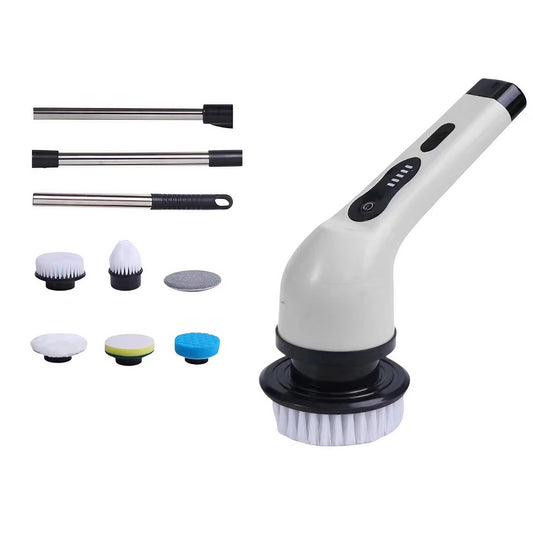 Perie Electrica de Curatare, Klevo, pentru Gresie, Baie, Bucatarie, 25x20x9.5 cm, cu 6 Capete, Maner Extensibil Detasabil 84-127cm, Incarcare USB-Type C, Rotire 360 de Grade, 3000 mAh, Culoare: Alb