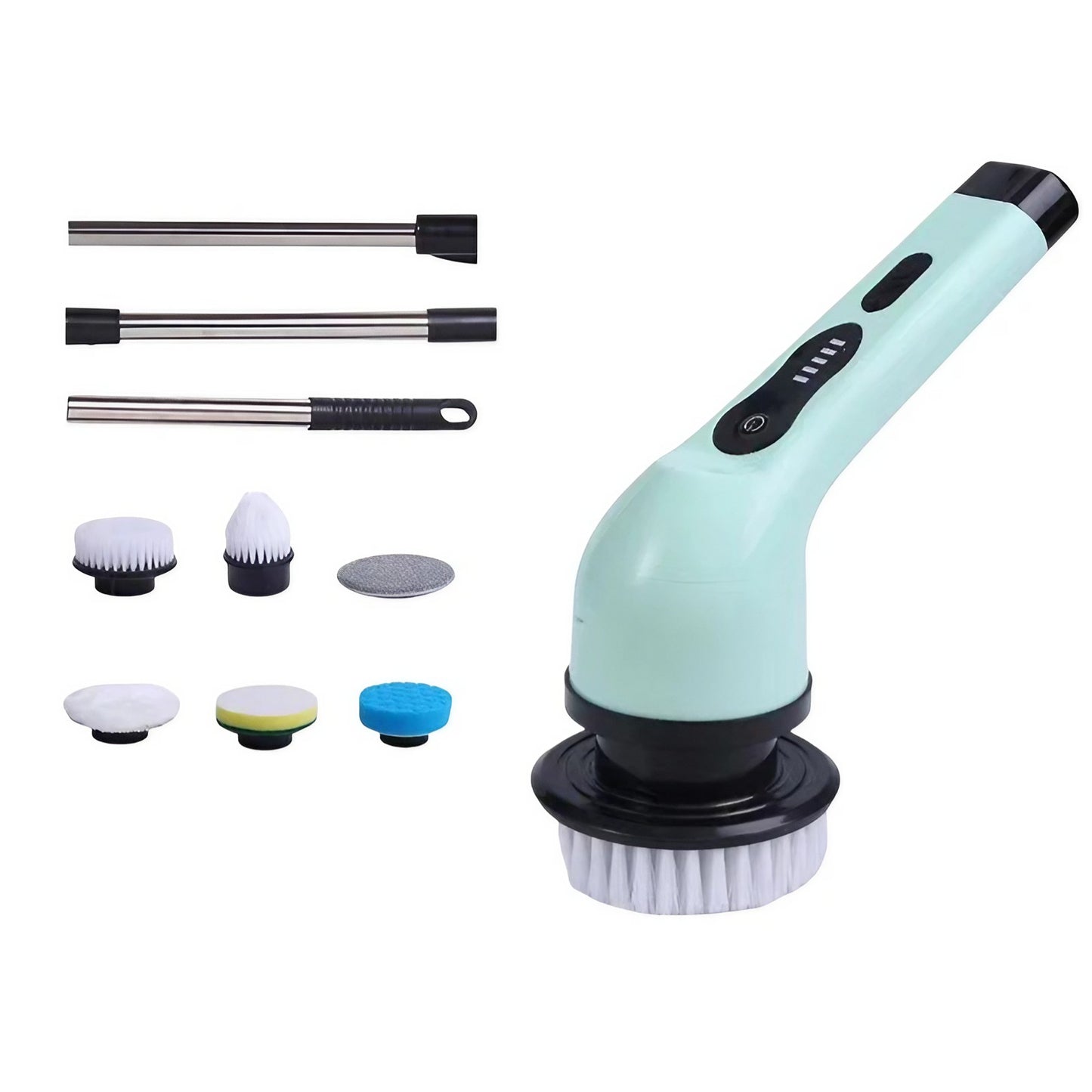Perie Electrica de Curatare, Klevo, pentru Gresie, Baie, Bucatarie, 25x20x9.5 cm, cu 6 Capete, Maner Extensibil Detasabil 84-127cm, Incarcare USB-Type C, Rotire 360 de Grade, 3000 mAh, Culoare: Verde