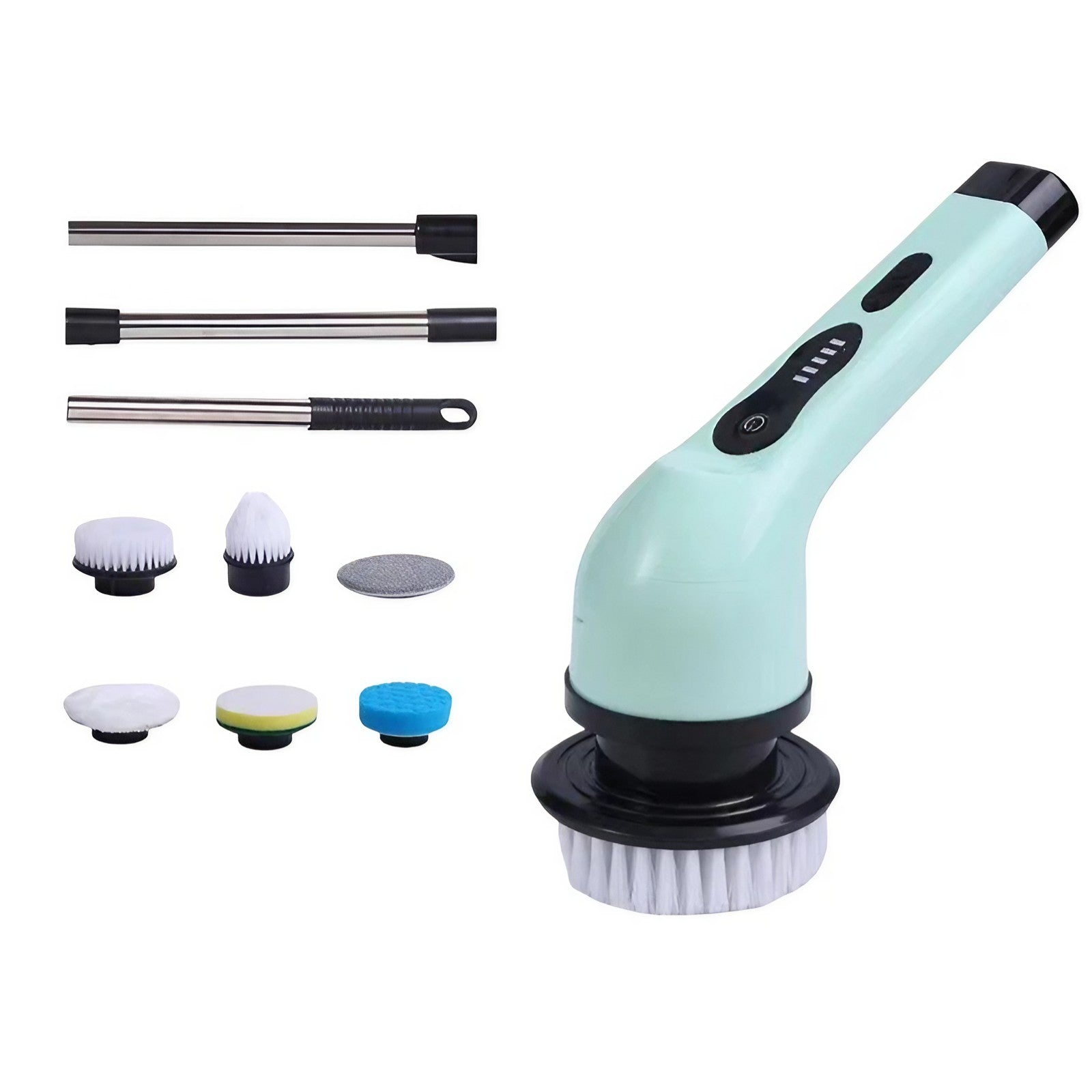 Perie Electrica de Curatare, Klevo, pentru Gresie, Baie, Bucatarie, 25x20x9.5 cm, cu 6 Capete, Maner Extensibil Detasabil 84-127cm, Incarcare USB-Type C, Rotire 360 de Grade, 3000 mAh, Culoare: Verde