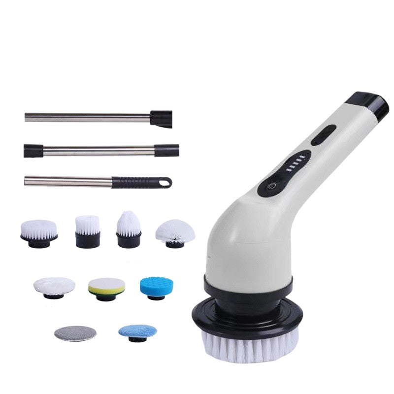 Perie Electrica de Curatare, Klevo, pentru Gresie, Baie, Bucatarie, 25x20x9.5 cm, cu 9 Capete, Maner Extensibil Detasabil 84-127cm, Incarcare USB-Type C, Rotire 360 de Grade, 3000 mAh, Culoare: Alb
