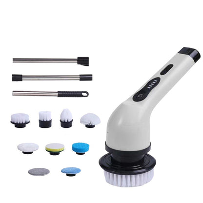 Perie Electrica de Curatare, Klevo, pentru Gresie, Baie, Bucatarie, 25x20x9.5 cm, cu 9 Capete, Maner Extensibil Detasabil 84-127cm, Incarcare USB-Type C, Rotire 360 de Grade, 3000 mAh, Culoare: Alb