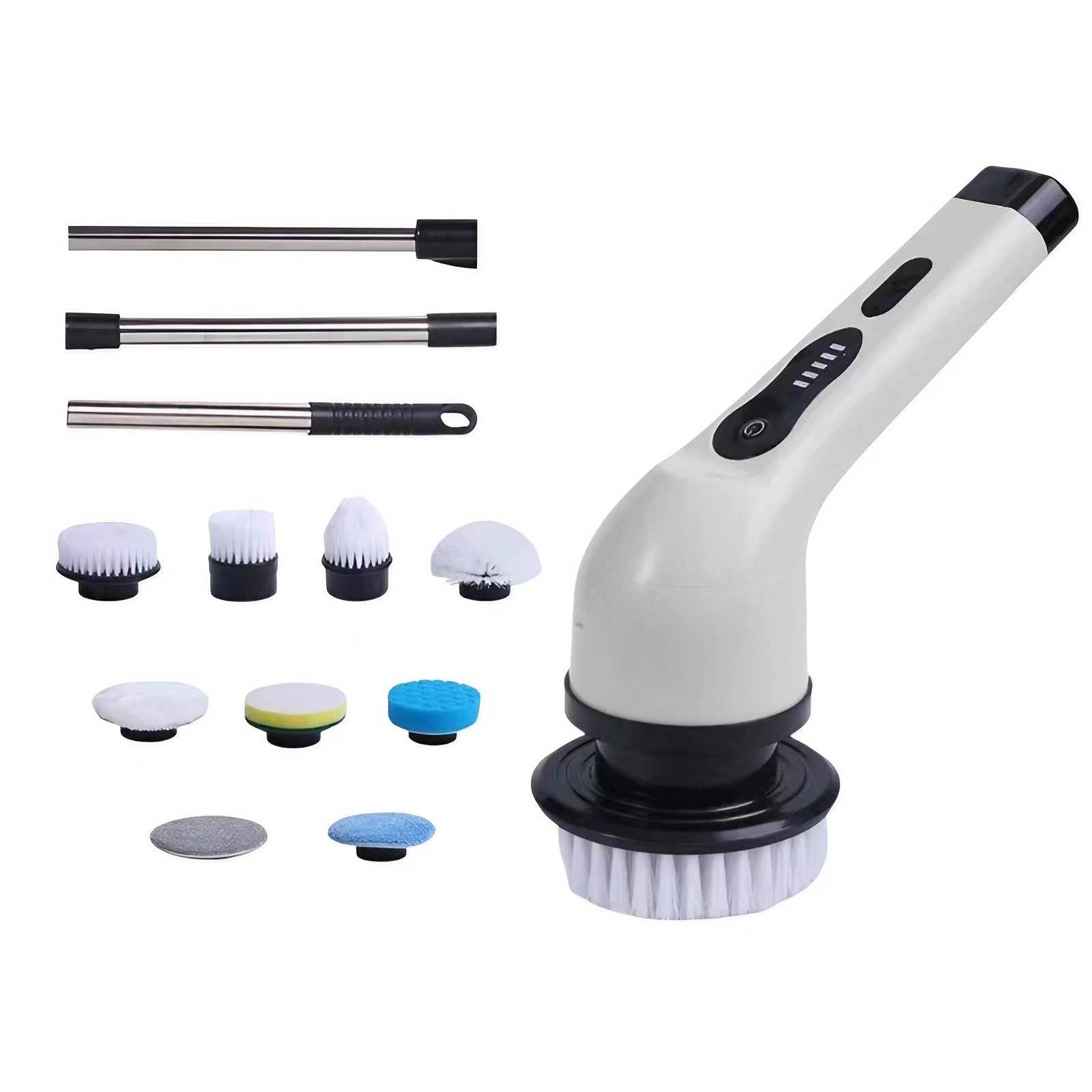 Perie Electrica de Curatare, Klevo, pentru Gresie, Baie, Bucatarie, 25x20x9.5 cm, cu 9 Capete, Maner Extensibil Detasabil 84-127cm, Incarcare USB-Type C, Rotire 360 de Grade, 3000 mAh, Culoare: Alb