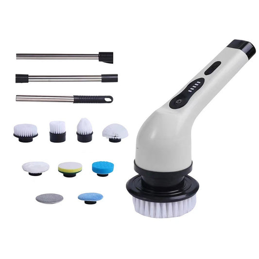 Perie Electrica de Curatare, Klevo, pentru Gresie, Baie, Bucatarie, 25x20x9.5 cm, cu 9 Capete, Maner Extensibil Detasabil 84-127cm, Incarcare USB-Type C, Rotire 360 de Grade, 3000 mAh, Culoare: Alb