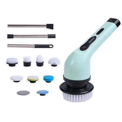 Perie Electrica de Curatare, Klevo, pentru Gresie, Baie, Bucatarie, 25x20x9.5 cm, cu 9 Capete, Maner Extensibil Detasabil 84-127cm, Incarcare USB-Type C, Rotire 360 de Grade, 3000 mAh, Culoare: Verde