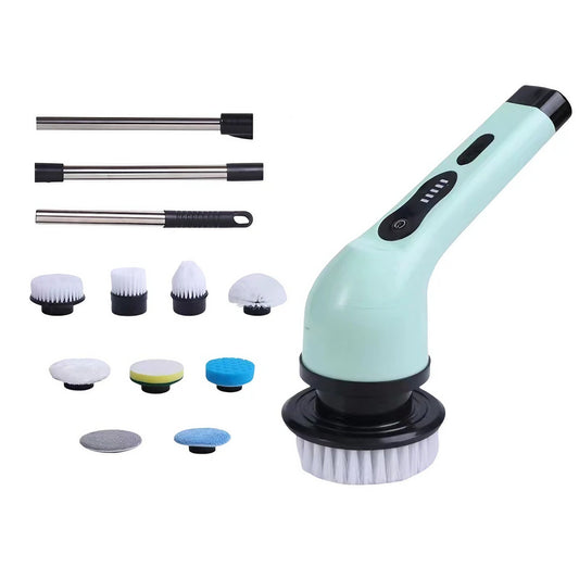 Perie Electrica de Curatare, Klevo, pentru Gresie, Baie, Bucatarie, 25x20x9.5 cm, cu 9 Capete, Maner Extensibil Detasabil 84-127cm, Incarcare USB-Type C, Rotire 360 de Grade, 3000 mAh, Culoare: Verde