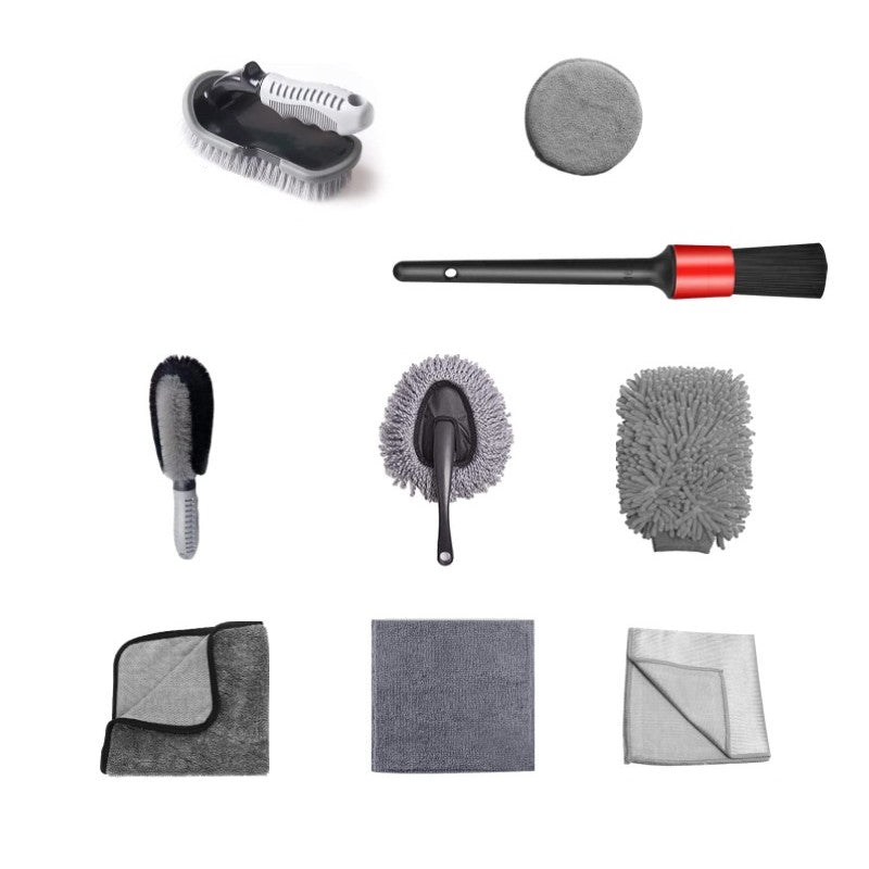Set 9 Piese pentru Spalat Auto, Klevo, din Plastic si Microfibra, Perii si Lavete, Model A, Gri
