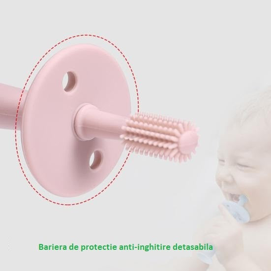 Periuta de Dinti din Silicon pentru Bebelusi, Klevo, fara BPA, 360 Grade, Bariera Anti-Inghitire, Maner Ergonomic, 12.5 x 15 cm, Roz