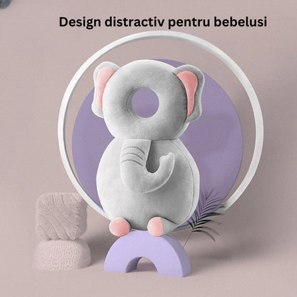 Perna tip Rucsac pentru Protectia Capului, Klevo, Tetiera tip Elefant de Plus, pentru Bebelusi, 33x6x19 cm, 180 g, Gri