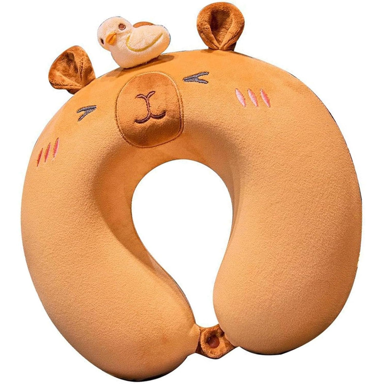 Perna de Calatorie in Forma de U, Klevo, Pentru Gat si Cap, Umplutura din Spuma cu Memorie, 30x30 cm, Model Capybara, Accesoriu de Voiaj, Birou, Masina, Sistem Prindere Capse, Maro