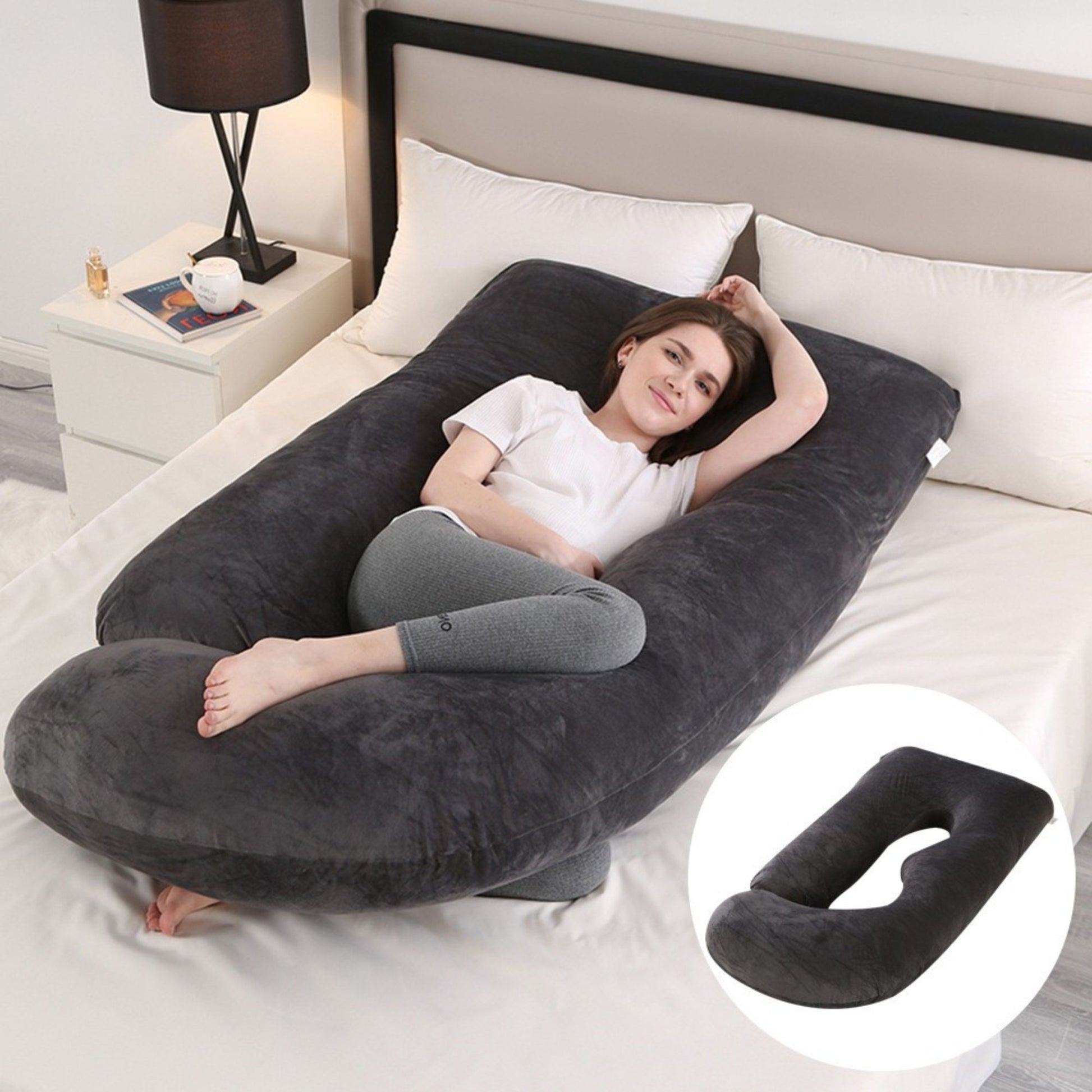 Perna pentru Gravide, Klevo, Perna de Sarcina, Detasabila si Lavabila, Ergonomica Tip J, Captuseala din Poliester, 155 x 75 x 60 cm, Negru