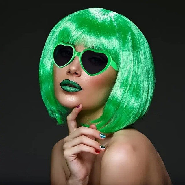 Peruca Cosplay, Klevo, Tunsoare Bob cu Breton, pentru Carnaval, Halloween, Petreceri Tematice, din PET, Marime Universala, Verde