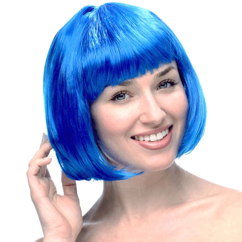 Peruca Cosplay, Klevo, Tunsoare Bob cu Breton, pentru Carnaval, Halloween, Petreceri Tematice, din PET, Marime Universala, Albastru