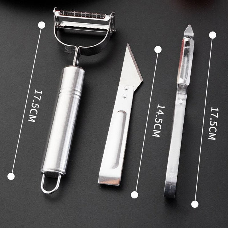 Accesorii de Curatat Decojit Fructe Legume, Klevo, Set 3 Piese, Feliator Cutit Decojitor, Legume si Fructe, din Otel Inoxidabil, cu Maner, Argintiu