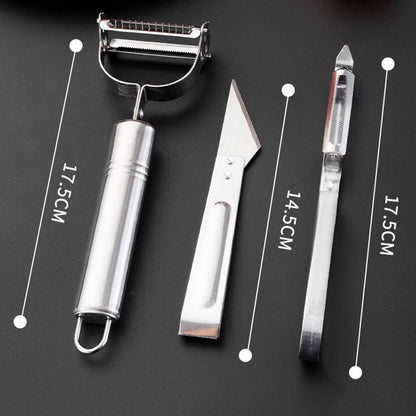 Accesorii de Curatat Decojit Fructe Legume, Klevo, Set 3 Piese, Feliator Cutit Decojitor, Legume si Fructe, din Otel Inoxidabil, cu Maner, Argintiu
