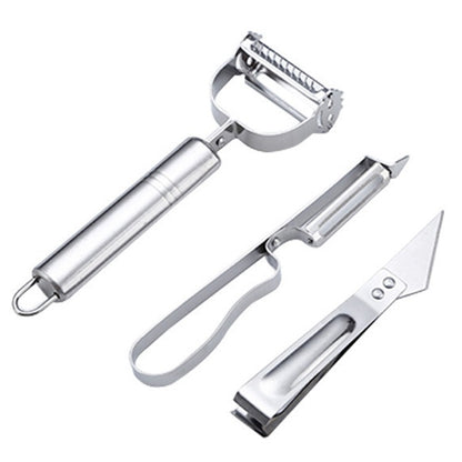 Accesorii de Curatat Decojit Fructe Legume, Klevo, Set 3 Piese, Feliator Cutit Decojitor, Legume si Fructe, din Otel Inoxidabil, cu Maner, Argintiu