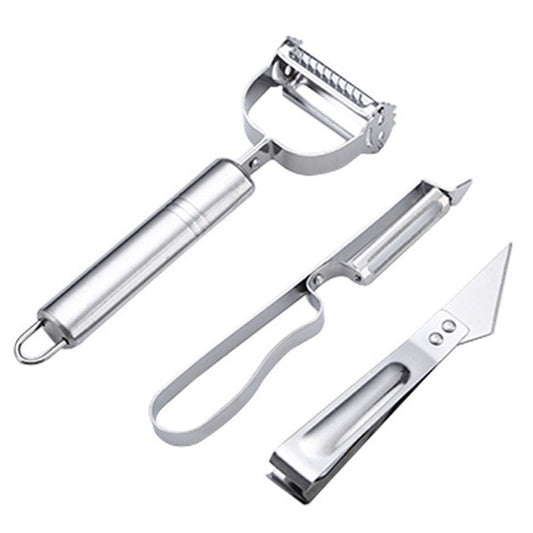Accesorii de Curatat Decojit Fructe Legume, Klevo, Set 3 Piese, Feliator Cutit Decojitor, Legume si Fructe, din Otel Inoxidabil, cu Maner, Argintiu