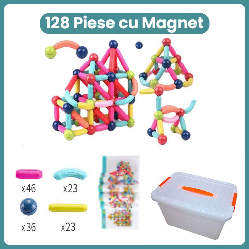 Piese Magnetice pentru Copii, Klevo, Set din 128 de Piese de diferite Culori, Constructor Magnetic cu Posibilitatea de a Construii forme Nelimitate, Multicolor