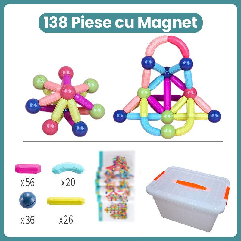 Piese Magnetice pentru Copii, Klevo, Set din 138 de Piese de diferite Culori, Constructor Magnetic cu Posibilitatea de a Construii forme Nelimitate, Multicolor