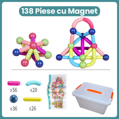 Piese Magnetice pentru Copii, Klevo, Set din 138 de Piese de diferite Culori, Constructor Magnetic cu Posibilitatea de a Construii forme Nelimitate, Multicolor