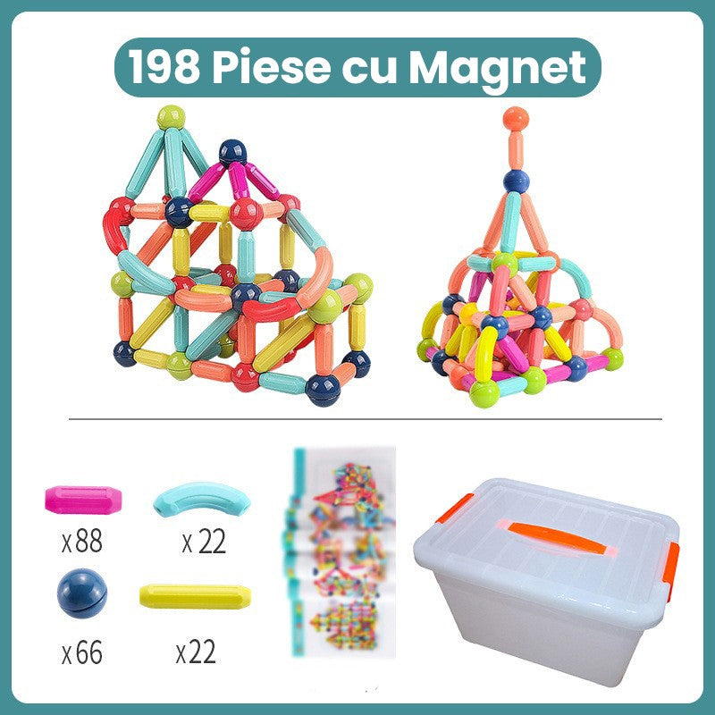 Piese Magnetice pentru Copii, Klevo, Set din 198 de Piese de diferite Culori, Constructor Magnetic cu Posibilitatea de a Construii forme Nelimitate, Multicolor