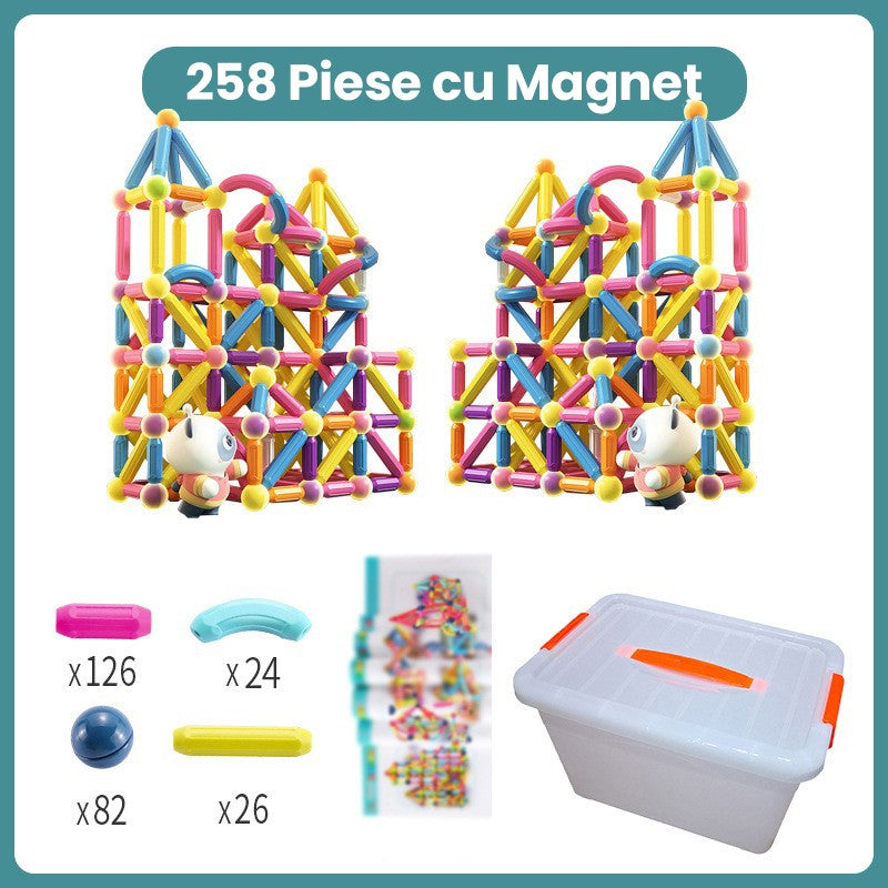 Piese Magnetice pentru Copii, Klevo, Set din 258 de Piese de diferite Culori, Constructor Magnetic cu Posibilitatea de a Construii forme Nelimitate, Multicolor