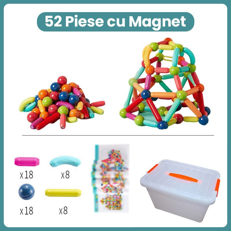 Piese Magnetice pentru Copii, Klevo, Set din 52 de Piese de diferite Culori, Constructor Magnetic cu Posibilitatea de a Construii forme Nelimitate, Multicolor