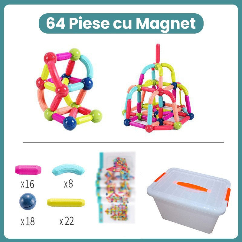 Piese Magnetice pentru Copii, Klevo, Set din 64 de Piese de diferite Culori, Constructor Magnetic cu Posibilitatea de a Construii forme Nelimitate, Multicolor
