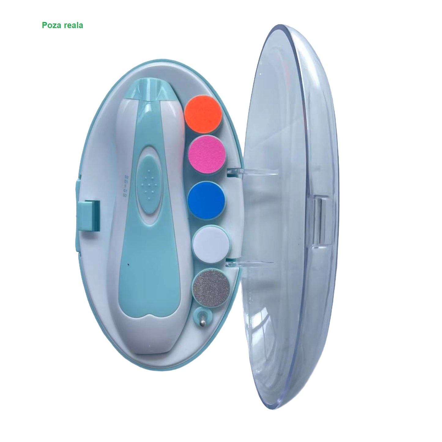 Pila Electrica Unghii pentru Bebelusi, Klevo, 6 Piese, 15 x 4.5 x 3 cm, Silentios, 0-3 Ani, 4 Trepte de Viteza, Albastru