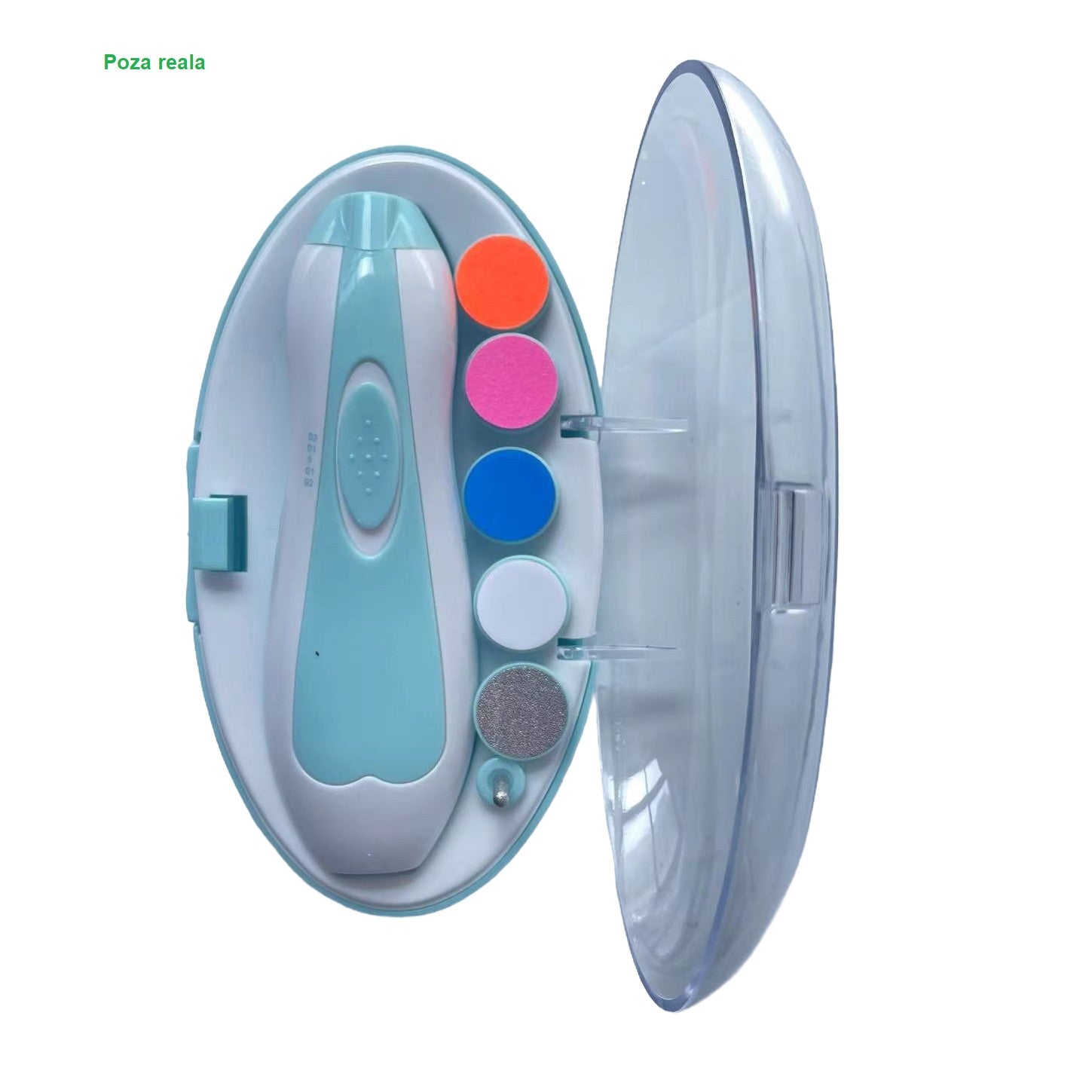 Pila Electrica Unghii pentru Bebelusi, Klevo, 6 Piese, 15 x 4.5 x 3 cm, Silentios, 0-3 Ani, 4 Trepte de Viteza, Albastru