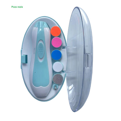 Pila Electrica Unghii pentru Bebelusi, Klevo, 6 Piese, 15 x 4.5 x 3 cm, Silentios, 0-3 Ani, 4 Trepte de Viteza, Albastru