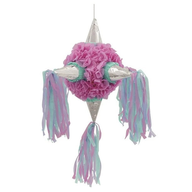 Pinata Rotunda pentru Petrecere, Klevo, Detalii Argintii, din Hartie si Carton, Pinata pentru Copii, 76 x 50 x 50 cm, Roz
