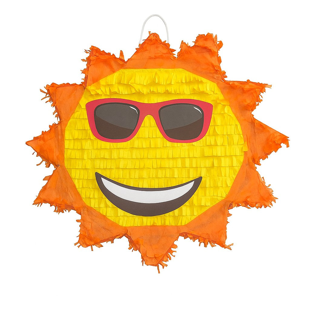 Pinata Soare cu Ochelari Sun pentru Petrecere, Klevo, din Hartie Creponata si Carton, Pinata pentru Petreceri, 40 x 40 x 7 cm, Galben Rosu
