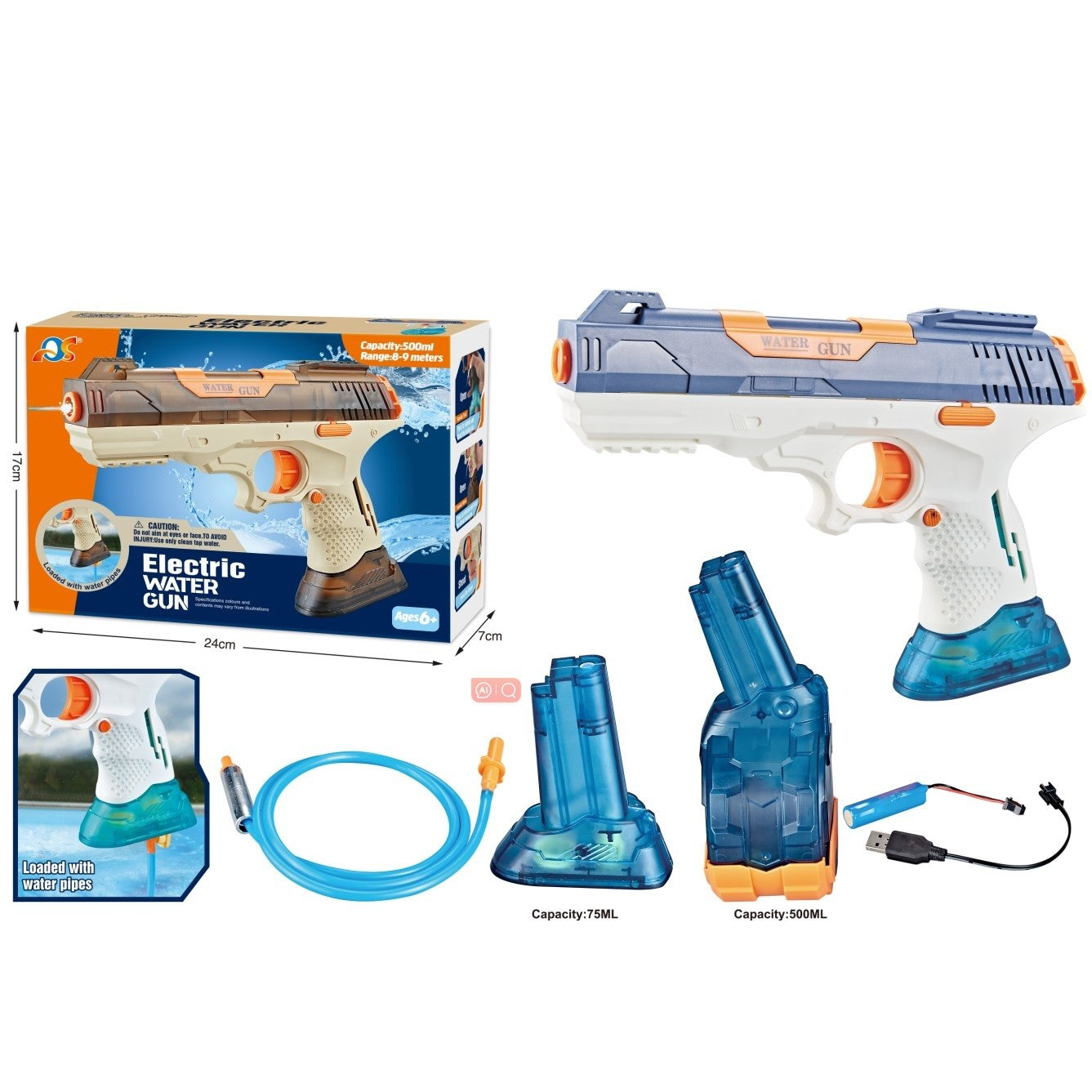 Pistol cu Apa Electric, Klevo, 2 Rezervoare 75/350 ml, din ABS+Silicon, Baterie, Incarcare USB, Conectare la Furtun, +6 Ani, Albastru