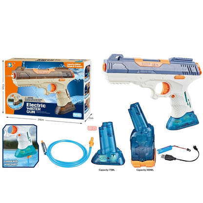 Pistol cu Apa Electric, Klevo, 2 Rezervoare 75/350 ml, din ABS+Silicon, Baterie, Incarcare USB, Conectare la Furtun, +6 Ani, Albastru